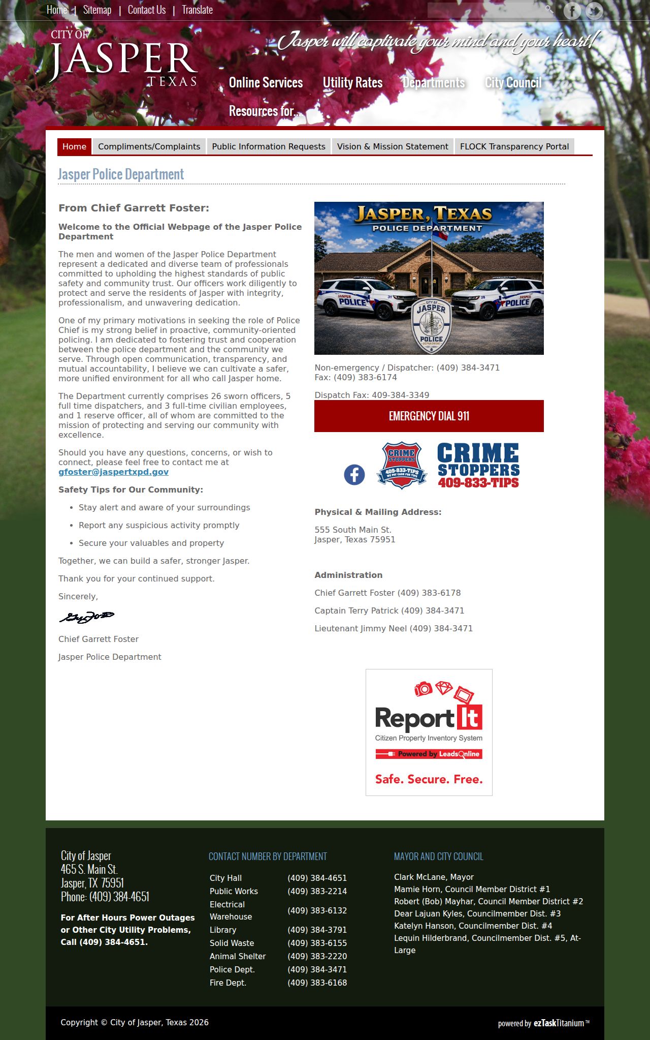 Official Jasper Police Department records and contact page