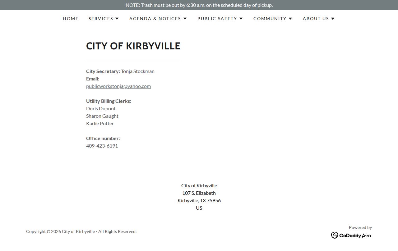 Jasper County Kirbyville criminal history City Hall public records page