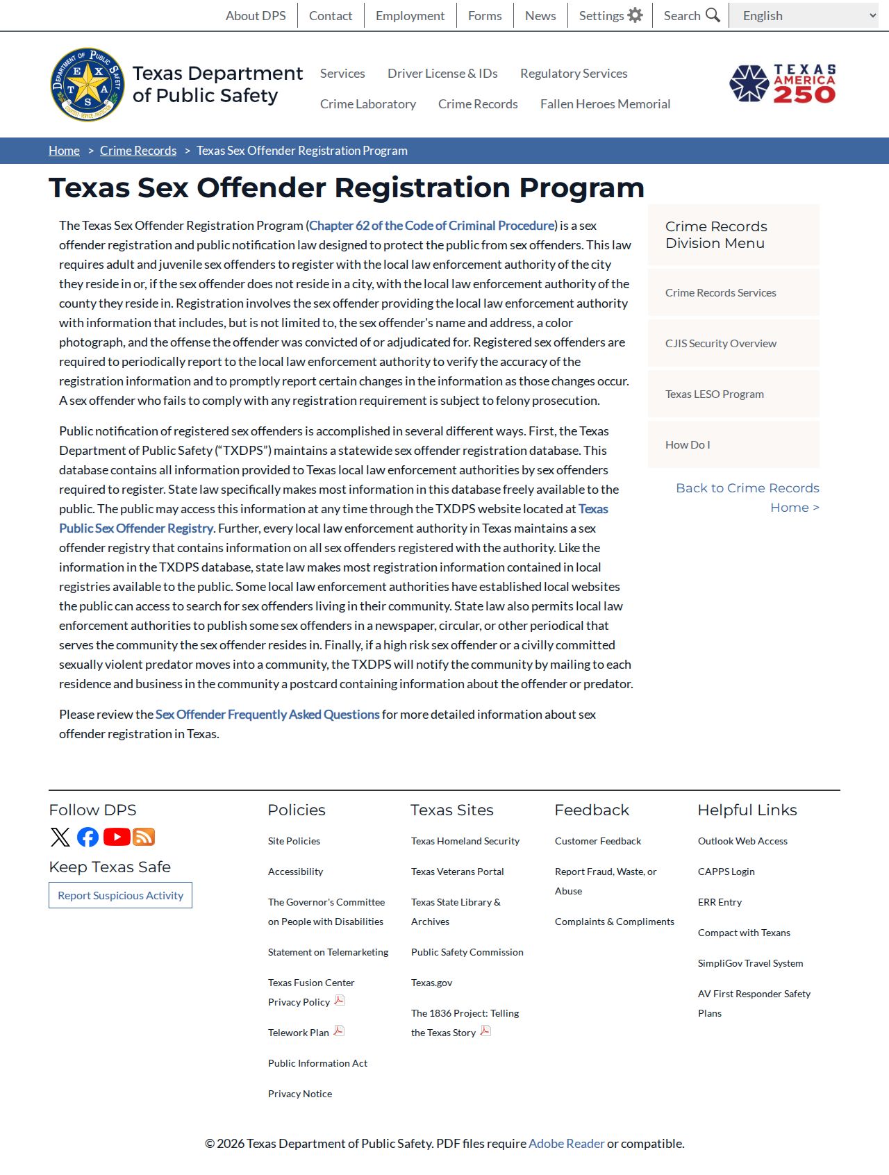 Texas program rules for Jasper County sex offender records